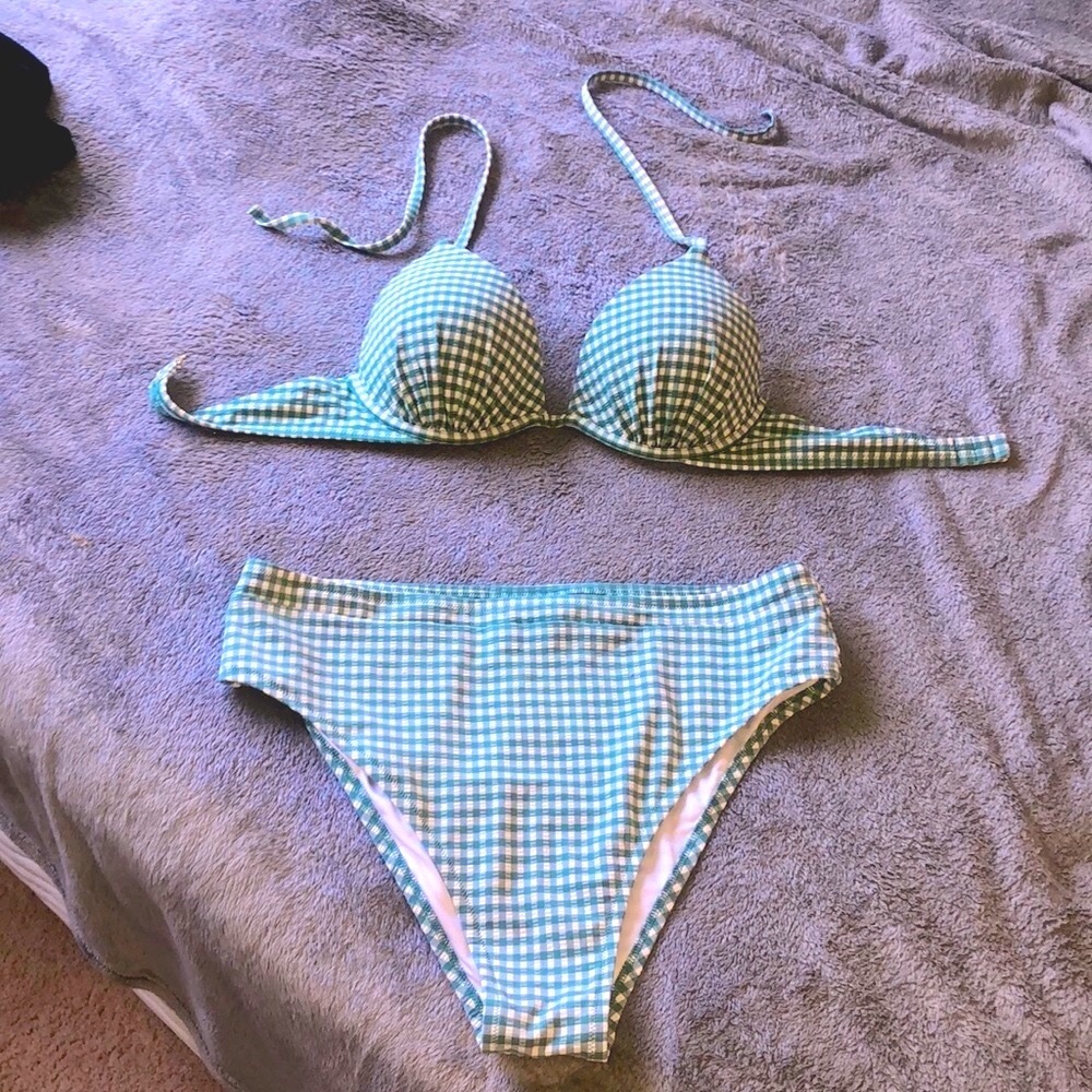 Gingham print teal & white halter top bikini with high waisted bottoms